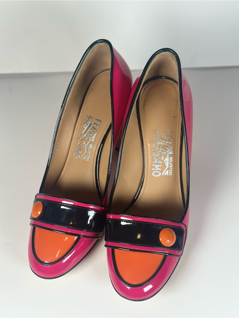 Salvatore Ferragamo Pink and Orange Patent Leather Block Heel Pumps - Picture 6 of 9